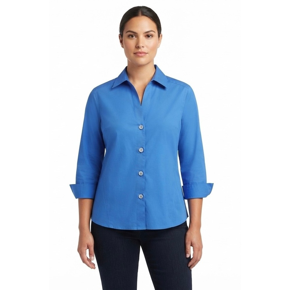 Foxcroft Womens Blue Button Front 3/4 Sleeve Collared Shirt Size 10